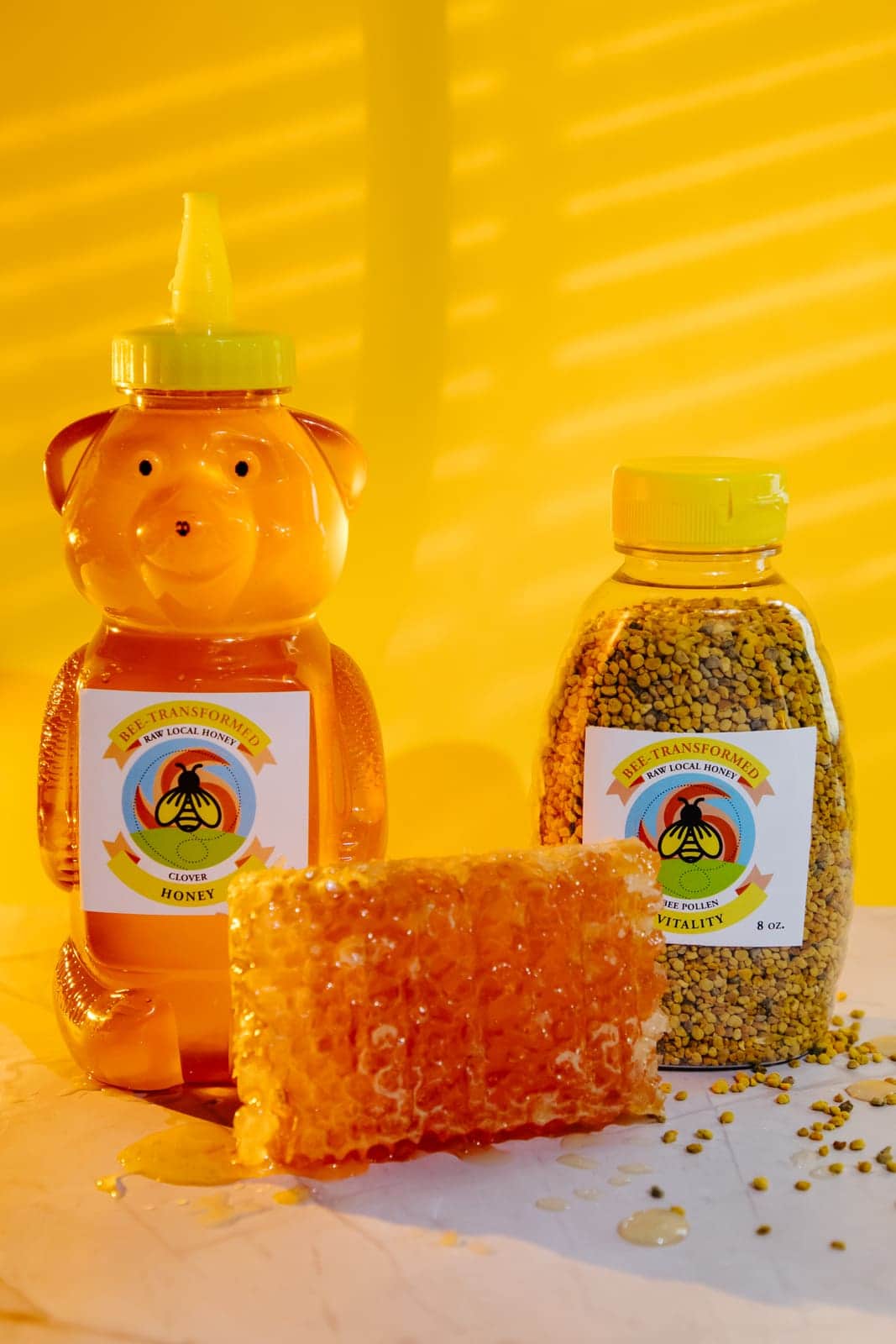 Honey bear, pollen, and honeycomb