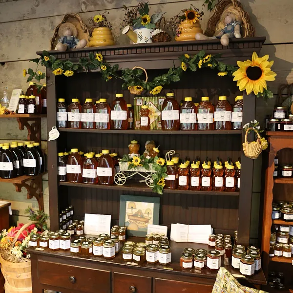 A display of honey from Bee-Transformed at their location in Silver Dollar City in Branson, Missouri