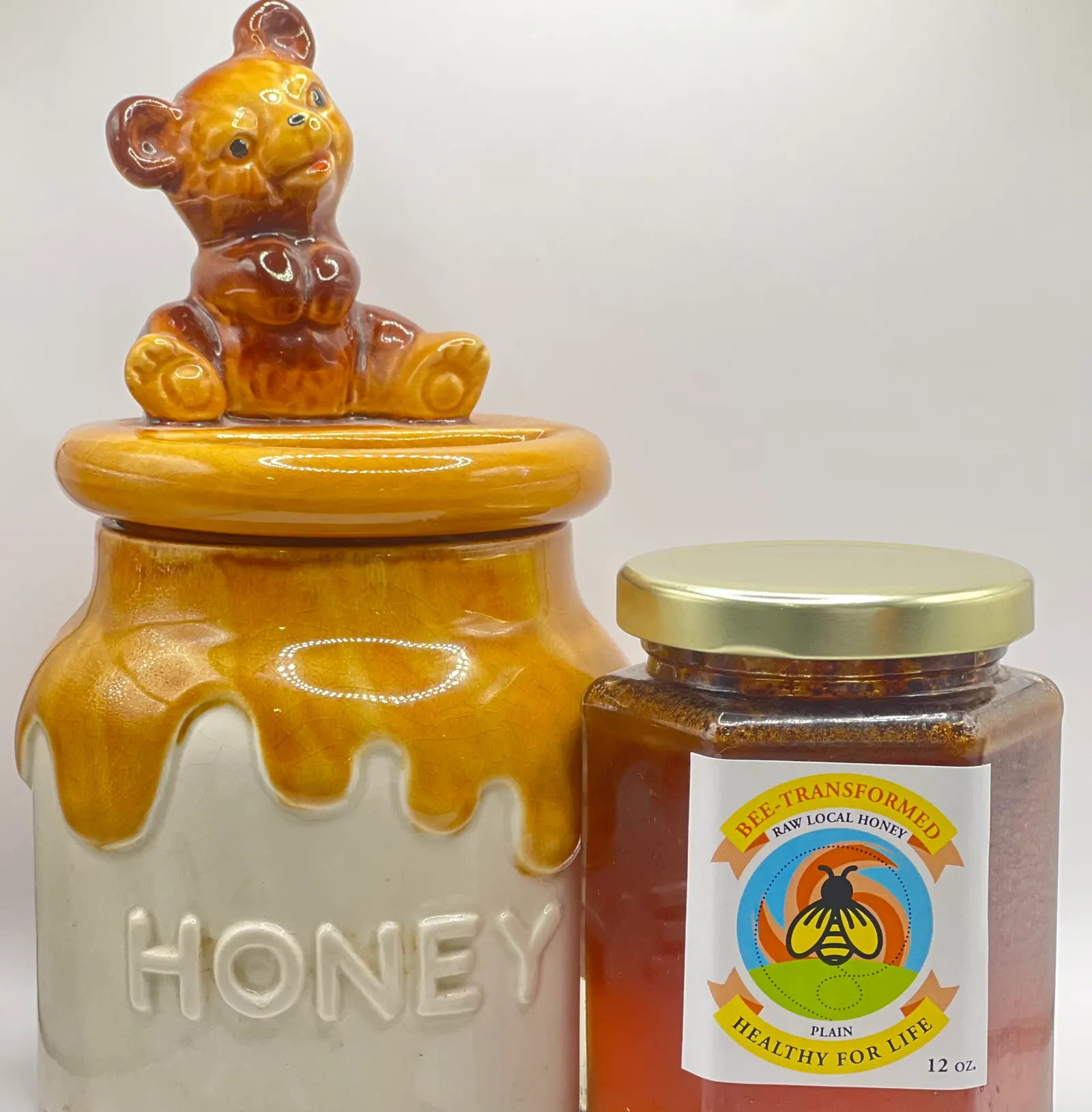 Bee-Transformed Healthy for Life and honey pot jar.